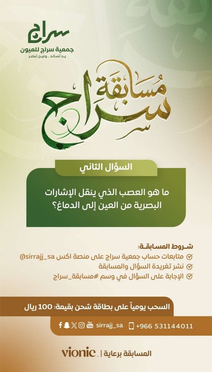 sirrajj_sa's tweet photo. س2 / ما هو العصب الذي ينقل الإشارات البصرية من العين إلى الدماغ؟

شروط المسابقة :
- متابعة @Sirrajj_sa
- نشر تغريدة السؤال والمسابقة
- ⁠الإجابة على السؤال في وسم #مسابقة_سراج https://t.co/HCgbxXodKz