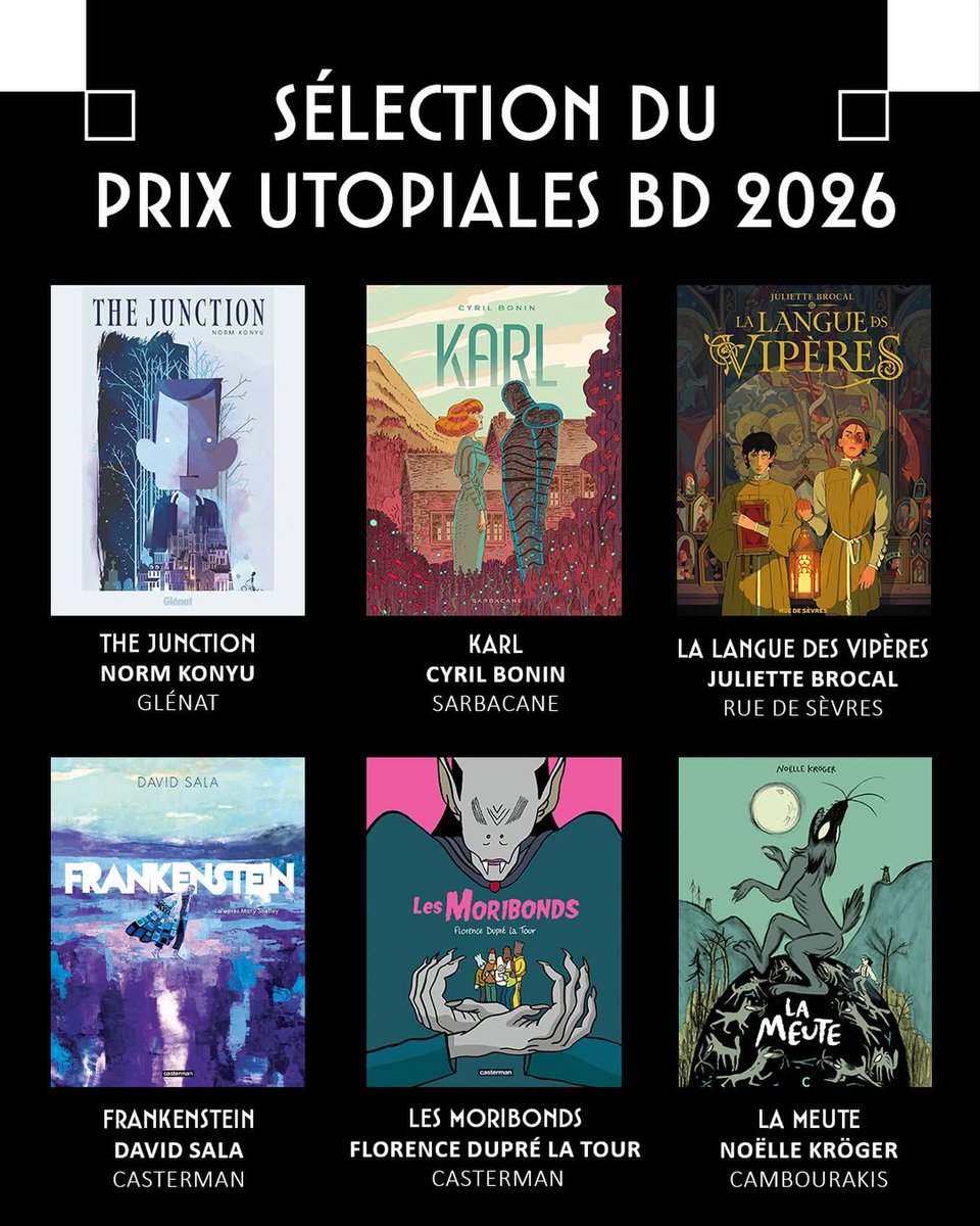 ActuSF's tweet photo. La sélection du Prix BD 2026 des Utopiales !
Six BD de science-fiction ! Vous avez lu lesquelles ?
#sciencefiction #bandedessinee #Utopiales https://t.co/BinjiTt0Vd