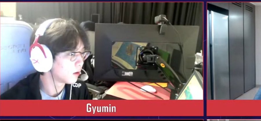 An esports broadcast still showing player 'Gyumin' wearing white and pink HyperX headphones, focused on a monitor in what appears to be a tournament setup.