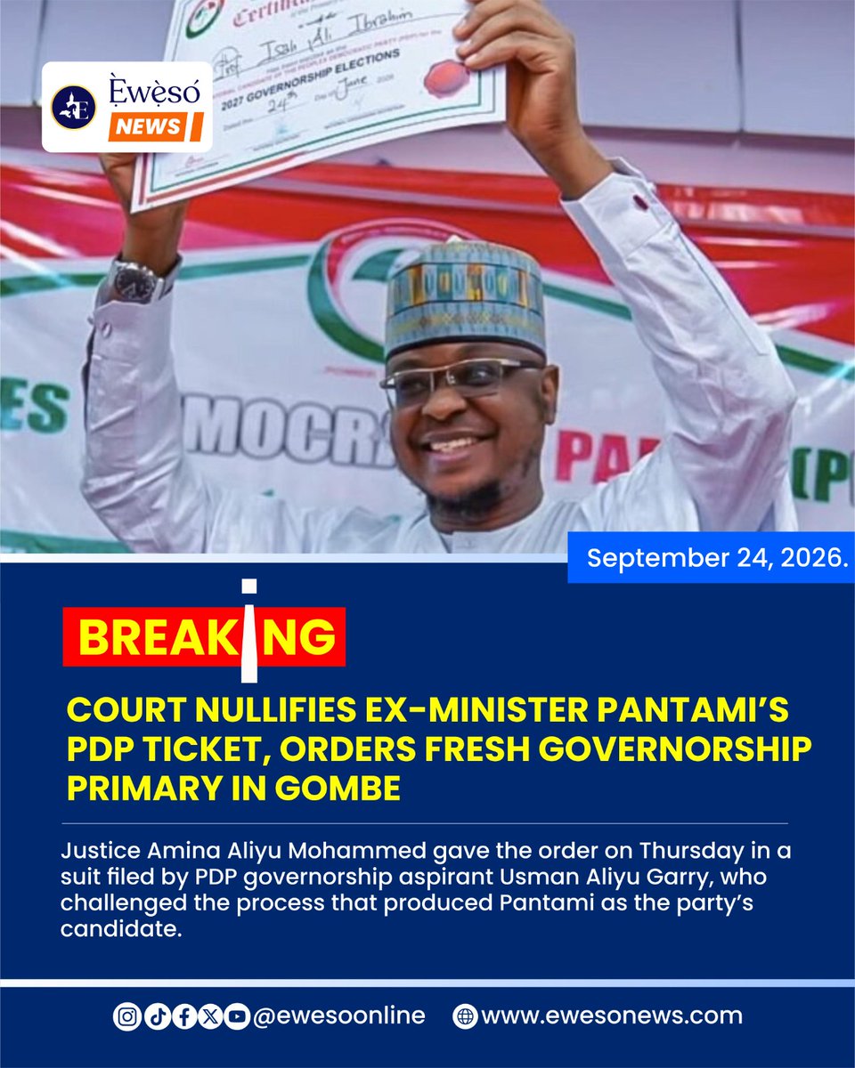 ewesoonline's tweet photo. Justice Amina Aliyu Mohammed gave the order on Thursday in a suit filed by PDP governorship aspirant Usman Aliyu Garry, who challenged the process that produced Pantami as the party’s candidate.

Read more: https://t.co/28p1Ks5vvX https://t.co/TL8HVBfiyr