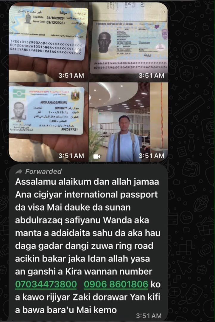 th_saleem's tweet photo. Assalamu alaikum dan allah jamaa Ana cigiyar international passport da visa Mai dauke da sunan abdulrazaq safiyanu Wanda aka manta a adaidaita sahu da aka hau daga gadar dangi zuwa ring road acikin bakar jaka Idan allah yasa an ganshi a Kira wannan number
07034473800 0906 8601806 https://t.co/TkYAzAQ1e4