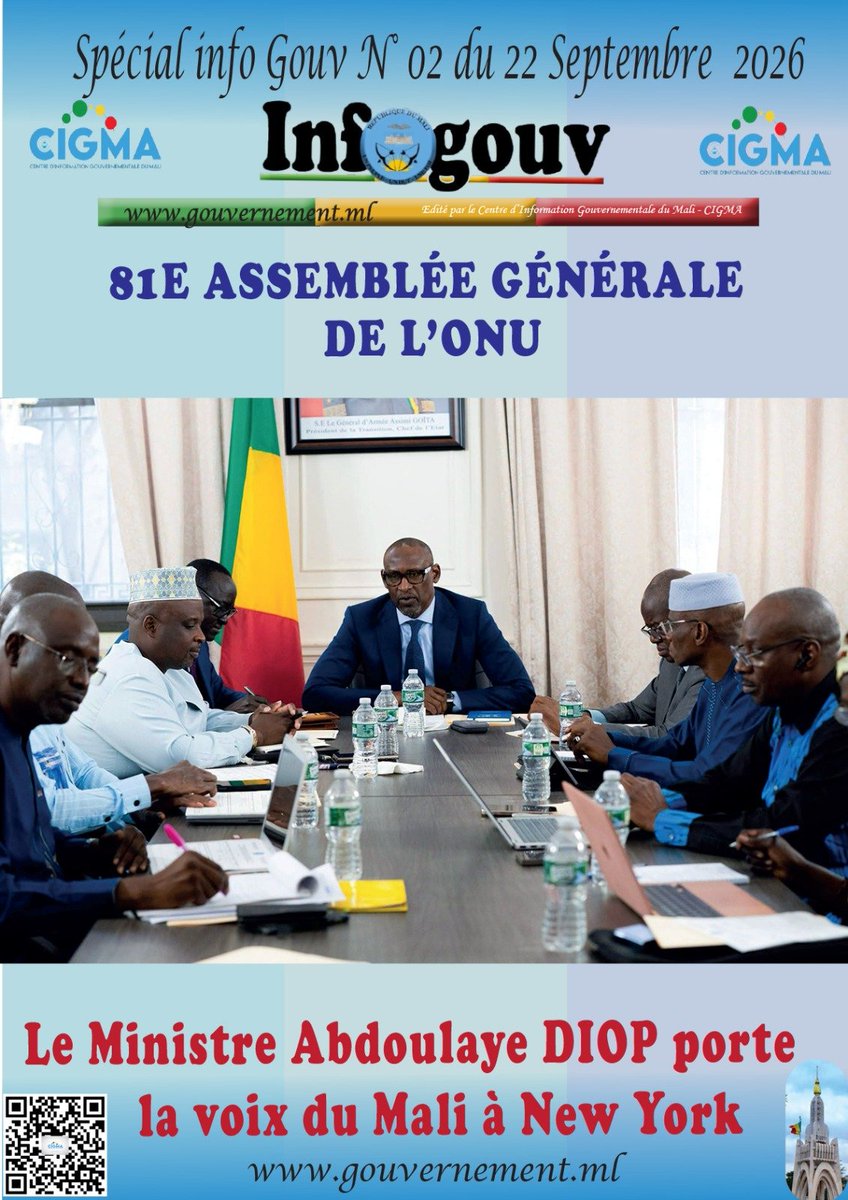 Gouvernememali's tweet photo. #CIGMA #INFO #INFO_GOUV
La Une de votre bulletin quotidien de l'actualité gouvernementale du jeudi 24 septembre 2026.
À lire sur https://t.co/AiMtrs7iZD
#CIGMA https://t.co/O4HkxUFJNQ