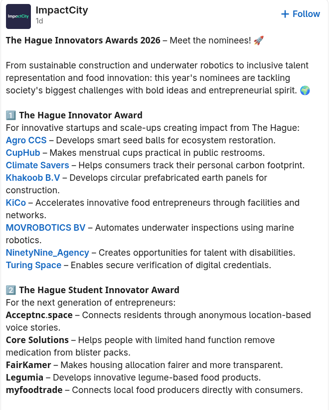 IotaRebased's tweet photo. Congratulations Turing Space Europe !👏

 ->@impactcity  Hague Innovator Award Nominee
for secured verefiable credentials. https://t.co/QbHeFNkqeo