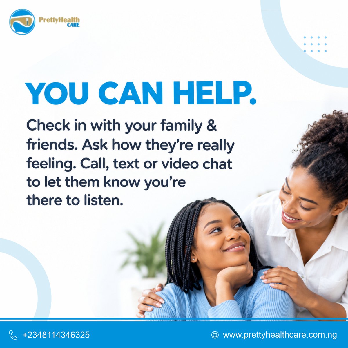 Prettyhealth_'s tweet photo. 💙 You can help. Sometimes, checking in is the first step toward better health.

Stay connected, care for one another, and remember: prevention starts with paying attention.

#PrettyHealthcare #PreventiveHealth #HealthScreening #HealthAwareness https://t.co/u3BedF6hCP