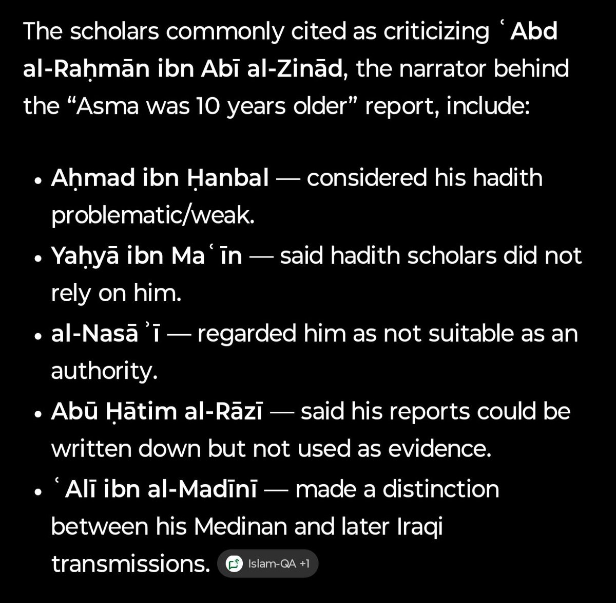 xayabull's tweet photo. @Ohnyxen @realMaalouf These reports were written by Abd al-Rahman ibn Abi al-Zinad, whose reliability was criticized by a number of hadith scholars. Other Hadith also portray her as playing with dolls. Wich 19 yo still plays with dolls? https://t.co/MFxyGxhyTD