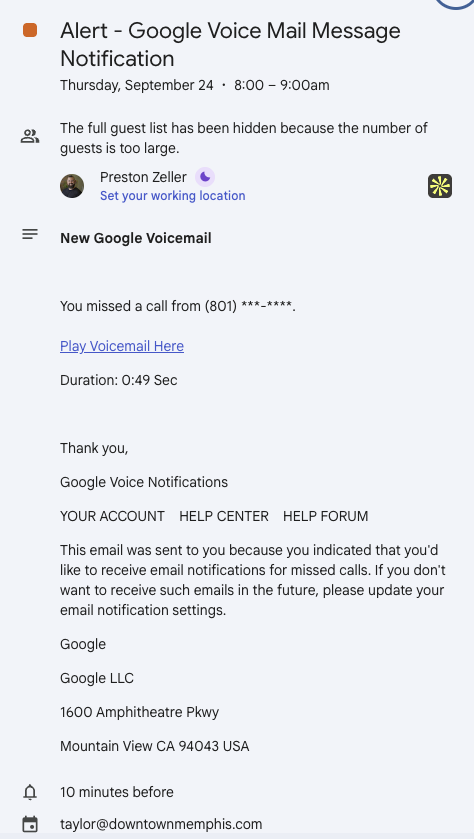 prestonzeller's tweet photo. Scammers - what's your life like? Just sitting around pondering ways mess with people? @Google why did an email marked as SPAM still end up on my calendar? You need to fix this. VM link def goes somewhere sketchy with a .de extension. https://t.co/V20OG9EtIi