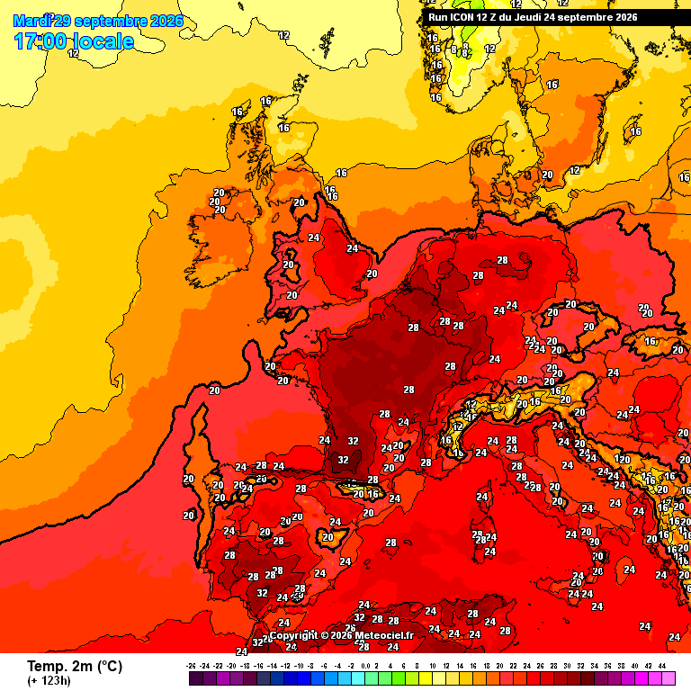 MeteoPedagogie's tweet photo. 30° modélisés par le supercalculateur allemand ICON pour le 29 septembre depuis le Sud-Ouest vers la #Normandie le Grand-Est, et même Est #Belgique Les records de chaleur tardive risquent d'encore tomber. Rien ne nous sera épargné cette année https://t.co/zIHT2nFk1B