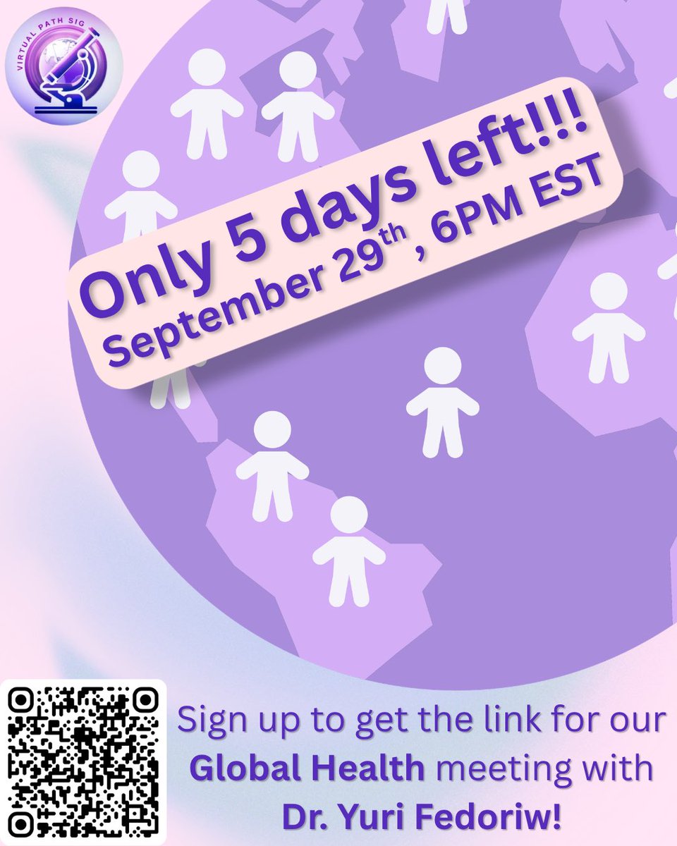 Path_SIG's tweet photo. Join us to learn more about how pathology can be applied to make a difference around the world! Hosting only 5 days from now, September 29th, 6pm EST. Sign up using the QR code to obtain the zoom link. https://t.co/yHuBXFr2LF