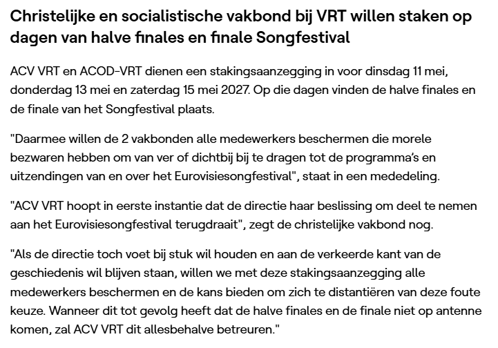 12_TPDP_12's tweet photo. 🇧🇬 #ESC2027 #Burgas #songfestival #eurovision #ESC #UnitedByMusic
Christelijke (#ACV) en socialistische (@ACOD_ABVV) vakbond bij @VRT willen staken op dagen van halve finales en finale Songfestival. https://t.co/OVKusWz3uT