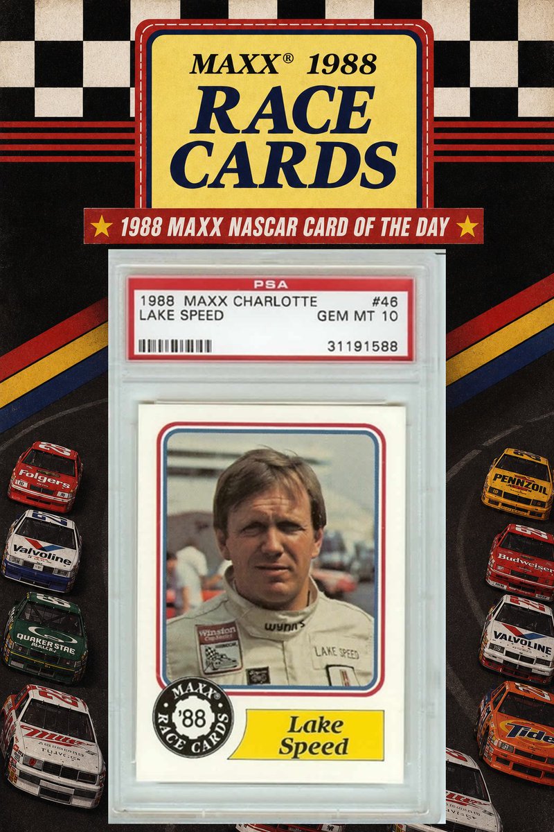 NascardRadio's tweet photo. 1988 Maxx #46 is Lake Speed’s 1st mass produced rookie card - and it came during the best season of his Cup career. Driving his own No. 83 Oldsmobile, Speed scored his first and only Cup win at Darlington in 1988, beating Alan Kulwicki by 18.8 seconds. #Max #NASCAR #TradingCards #VintageNascar #NasCardRadio