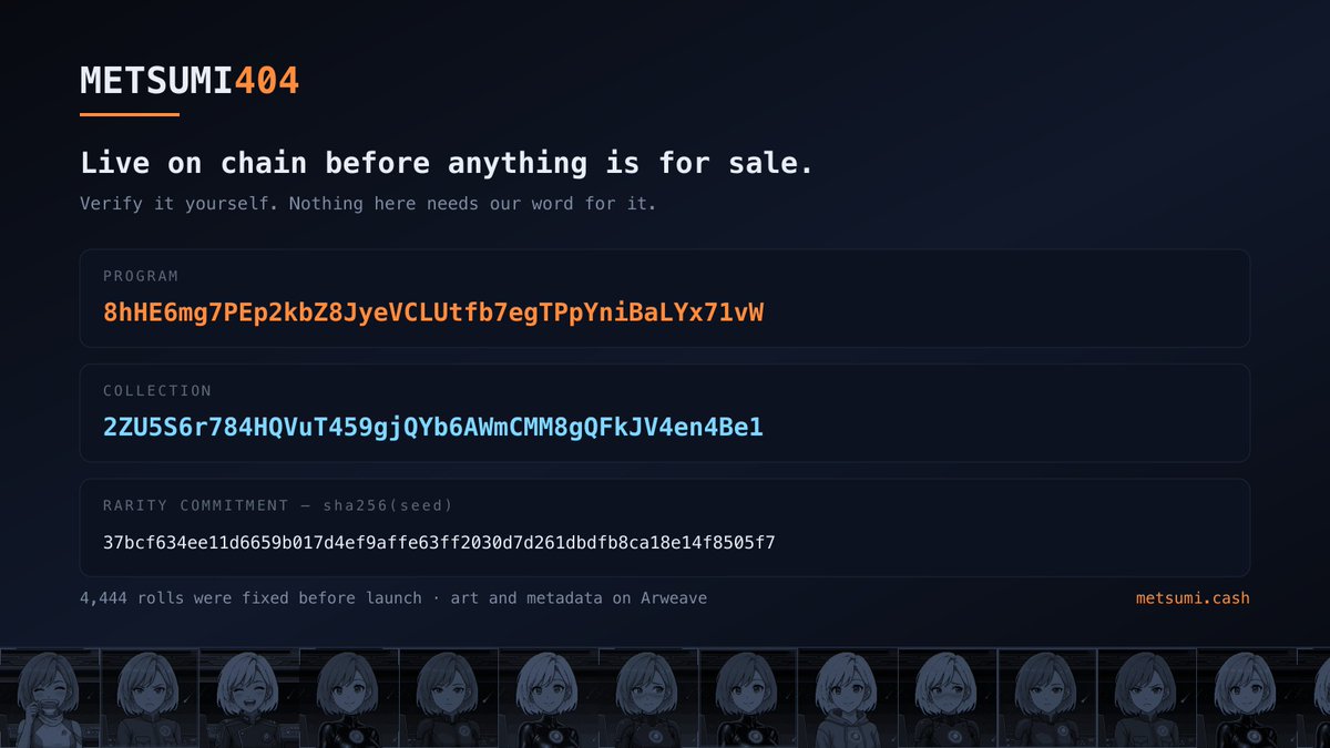 Metsumi404's tweet photo. Everything is on chain before anything is for sale.

Program
8hHE6mg7PEp2kbZ8JyeVCLUtfb7egTPpYniBaLYx71vW

Collection
2ZU5S6r784HQVuT459gjQYb6AWmCMM8gQFkJV4en4Be1 
by @metaplex 

The 4,444 rolls were fixed before launch. Their hash is already published on chain, so nothing can be rearranged once people start buying, and anyone can check that later.

Art and metadata are stored permanently on @ArweaveEco . Wallets and marketplaces read them straight from there, so what you hold stands on its own.

$METSUMI has not launched yet. 
This is just the part you should be able to verify before there is.