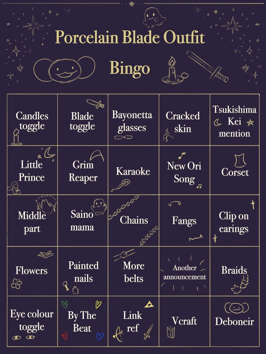 bloopblloop's tweet photo. I made a little bingo card for Kaelix's outfit reveal hehe!!🕯️🗡️ Feel free to use it or you can make your own! Template will be in the comments!  HAVE FUN!! 🫶
#porcelainblade https://t.co/1kZ8ezktV5