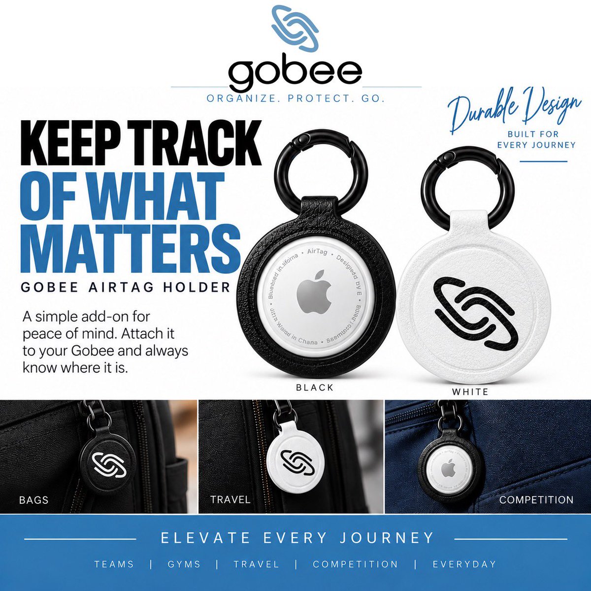 thegobeebag's tweet photo. Keep track of what matters.

Competition weekends, airport terminals, hotel rooms, gym bags — your Gobee goes a lot of places.

Add an AirTag and our custom Gobee holder for a little extra peace of mind wherever the journey takes you.

Elevate Every Journey. https://t.co/xUBLbWkyII