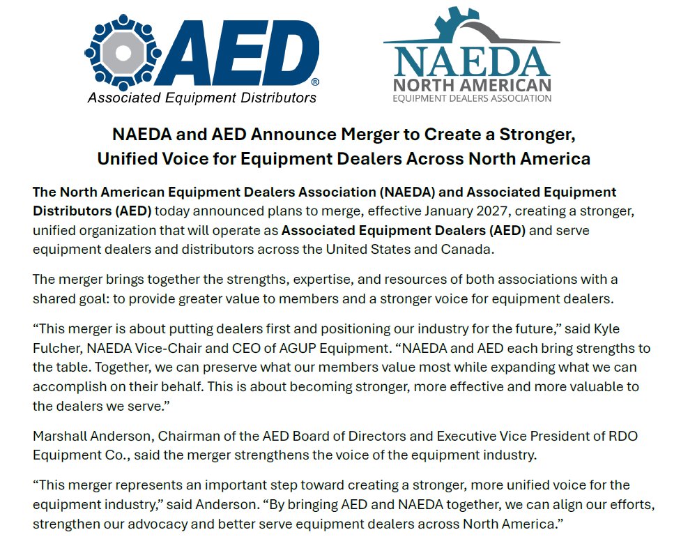 AEDSocial's tweet photo. @NaedaEquip and AED have announced plans to merge in January 2027, creating a unified organization serving equipment dealers across the U.S. and Canada as Associated Equipment Dealers (AED).
Read the press release: https://t.co/MrH0MpFt0a https://t.co/D1hLkbjowk