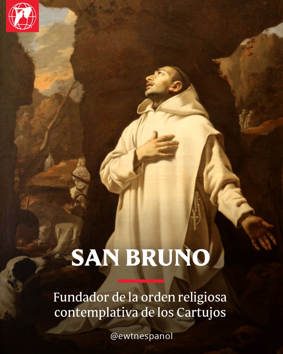 EWTNespanol's tweet photo. 6 DE OCTUBRE | San Bruno fue un sacerdote alemán, fundador de la orden religiosa contemplativa de los Cartujos. Nació cerca del año 1030 en la ciudad alemana de Colonia, perteneciente entonces al Sacro Imperio Romano Germánico.
Se fue a Reims donde estudió trivium, cuadrivium y teología, destacándose como un excelente alumno. A los 26 años, pasó a ser el director de la Escuela de la catedral de Reims, entonces la más prestigiosa de toda Francia. Además, san Bruno era canónigo de la catedral de Reims y el arzobispo de Reims lo nombró canciller-secretario de la archidiócesis.
Pero, teniendo por delante un futuro tan brillante y siendo incluso apuntado por el legado pontificio en Francia como persona totalmente idónea para ocupar la sede arquiepiscopal de Reims, entonces la más importante de toda Francia, Bruno sintió la vocación monástica. Se encaminó primero hacia Molesmes, y luego hacia Grenoble.  Bruno llega con seis compañeros y después de que San Hugo de Grenoble los escucha, los conduce a  las montañas de Chartreusedonde ellos inician su vida eremítica que con el tiempo se desarrollaría para formar la Sagrada Orden Eremítica de la Cartuja.
En 1901 san Bruno se retira a la región de Calabria, donde funda su segundo eremitorio, Santa María della Torre, donde vive durante sus diez últimos años hasta su muerte el domingo 6 de octubre.