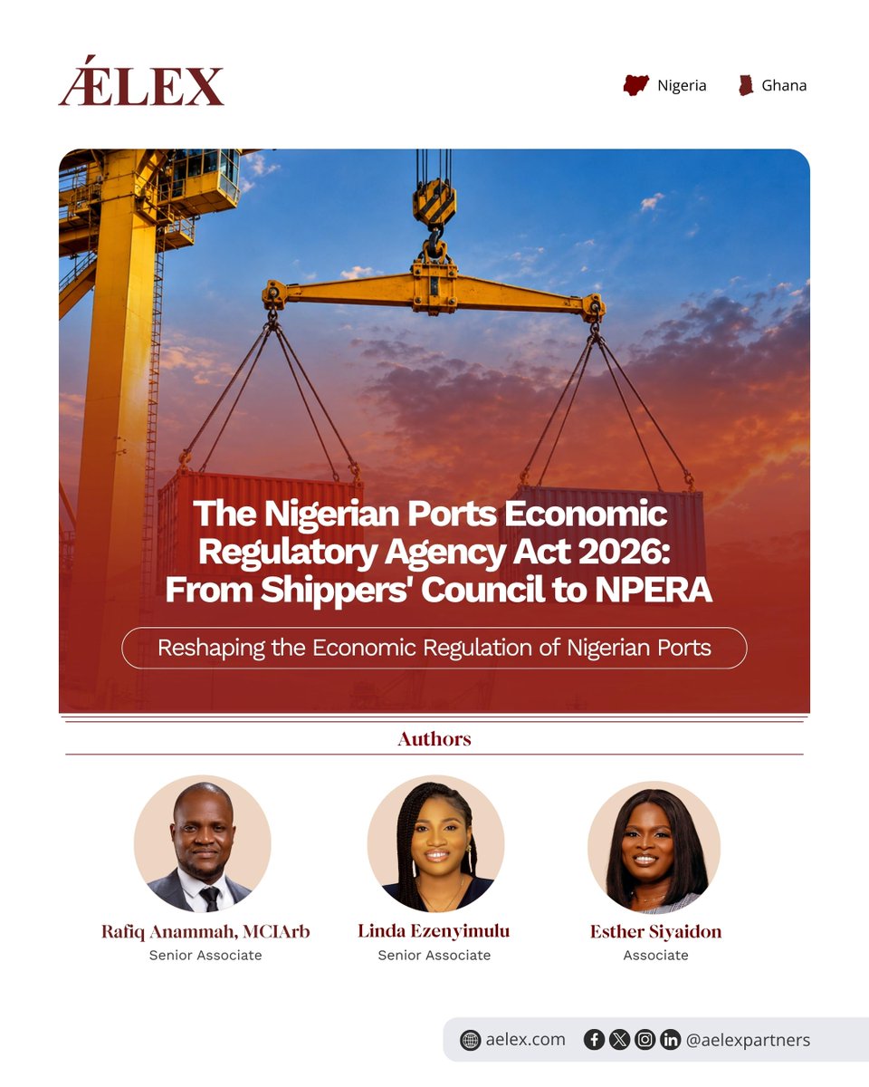 AelexPartners's tweet photo. This World Maritime Day, Rafiq Anammah, Linda Ezenyimulu and Esther Siyaidon examine the Nigerian Ports Economic Regulatory Agency Act and its implications for Nigeria’s maritime sector.
Read more: https://t.co/F4zm4kGNHb
#AELEX #WorldMaritimeDay2026 #MaritimeLaw #NigerianPorts https://t.co/02TiBqBNmG