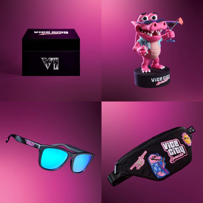 DiscussingFilm's tweet photo. Rockstar has revealed a GTA 6 collectors box for $400 — it does not include the game.

• A 6-inch Macca the Gator figure with a stash compartment
• GTA VI Oakley Frogskins sunglasses with Prizm Sapphire lenses
• A New Era 9FORTY A-Frame snapback hat
• A Leonida Keys crossbody bag
• A Macca the Gator magnetic mirror
• A Chunkee the Manatee shot glass
• A Vice City swizzle spoon
• A Vice City razor blade keychain
• Nine Leonida Keys enamel pins in a metal tin
• Stickers in a stash bag
• A double-sided poster with a full map of Leonida on the back