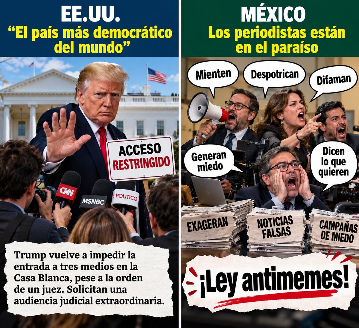 Mex_0001's tweet photo. Si EE. UU. es “el país más democrático del mundo”, resulta curioso que periodistas puedan ser vetados de la Casa Blanca por decisión presidencial, incluso después de una orden judicial.

Mientras tanto, en México los periodistas pueden criticar, despotricar, exagerar, difamar, generar miedo y decir prácticamente lo que quieran.

Pero cuando se plantea sancionar conductas ilícitas específicas, aparece de inmediato el grito de: “¡Ley antimemes!”

La libertad de expresión debe defenderse sin dobles estándares.

Al parecer, la libertad de prensa también tiene fronteras… y doble rasero.

#LibertadDePrensa #LibertadDeExpresión #DobleRasero