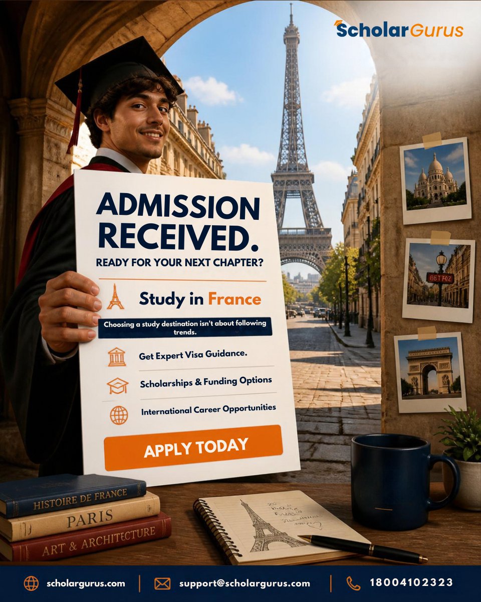 scholargurus's tweet photo. Ready for your next chapter? 
Study in France.

Explore your options for admissions, scholarships, visa guidance &amp; international career opportunities with ScholarGurus.

Start planning your study-abroad journey today.🌍

#StudyInFrance #StudyAbroad #FranceEducation #StudyInEurope https://t.co/xTUfXqAu8i