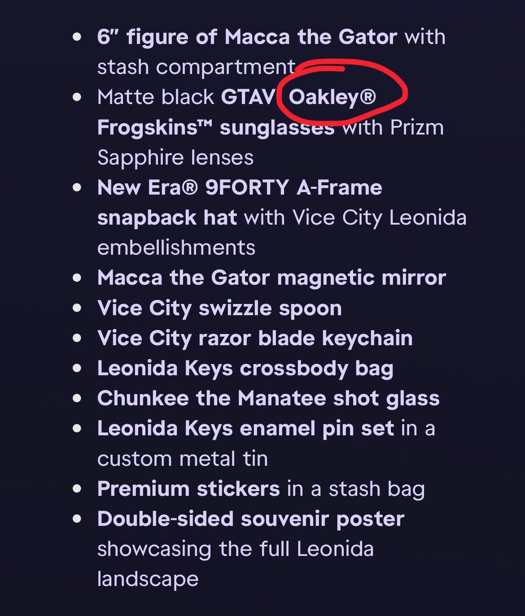 GameRoll_'s tweet photo. I’ve figured out why the GTA 6 collectors box is so expensive… it’s the Oakley sunglasses.

This is NOT a cheap brand lol. It’s a shame, The Goodtime State collection probably would’ve been significantly less expensive without these included. https://t.co/x2x6egPSm7