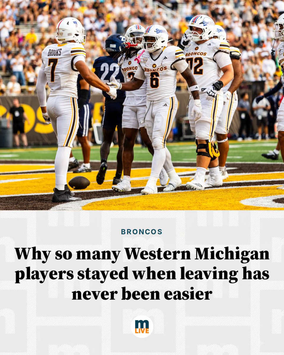 MLive's tweet photo. In college football’s transfer portal and NIL era, WMU has become the exception. Here’s why so many Broncos chose to stay. https://t.co/HTBlRVwBvm