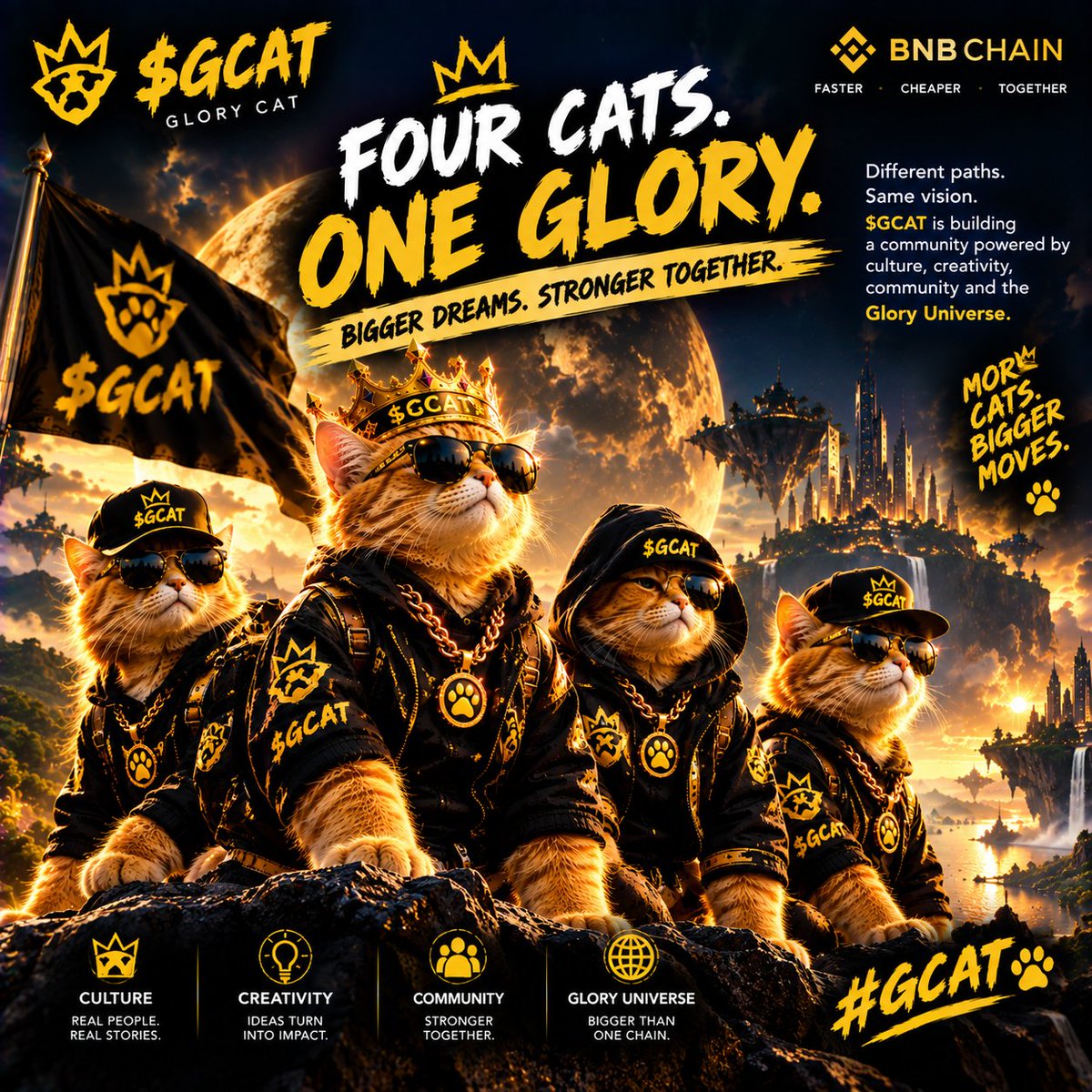Finekess10's tweet photo. 🐱👑 FOUR CATS. ONE VISION. ENDLESS POSSIBILITIES.

Different paths. Same mission.
$GCAT is bringing together culture, creativity, community, and storytelling into one growing universe. 🔥

Bigger dreams. Stronger together. 🐾✨

#GCAT #GloryCat #BNBChain https://t.co/Jl9ggl6W88