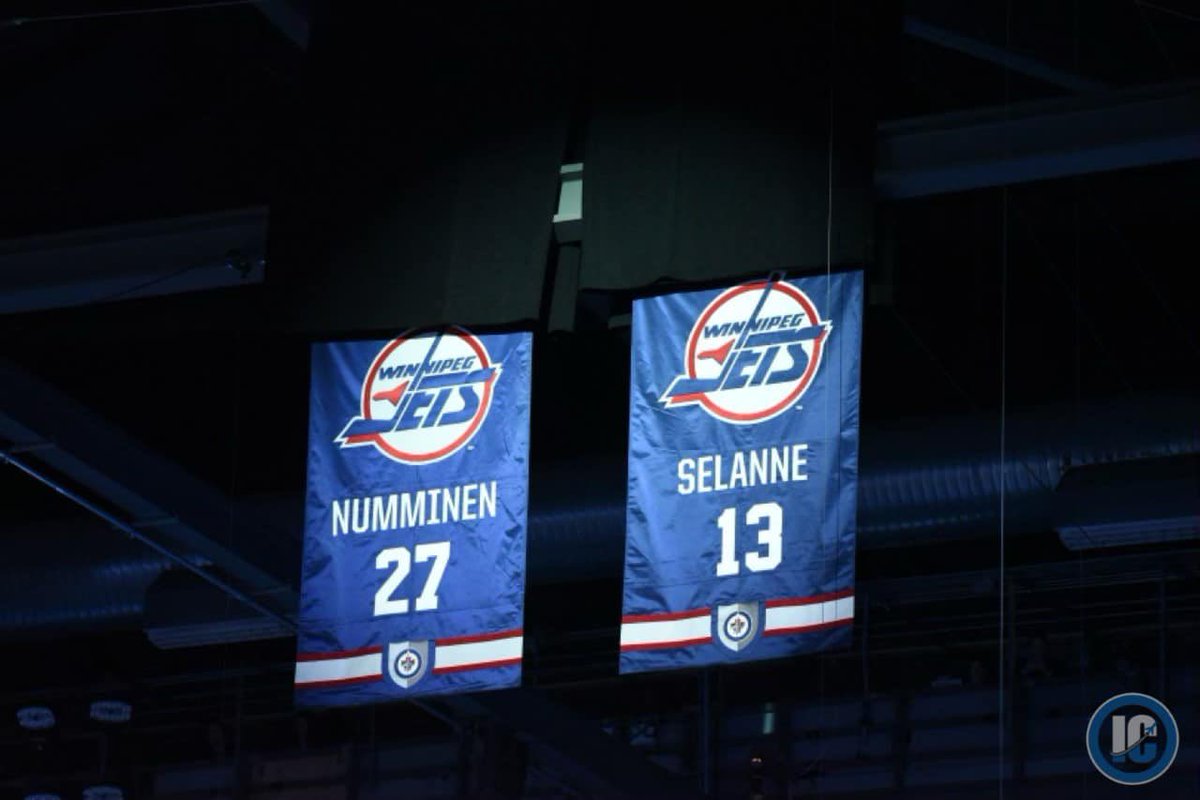 ICdave's tweet photo. There’s a reason that there is a Dale Hawerchuk statue outside CLC. 

Or banners like these hang in the rafters of the Jets arena. 

Don’t need folks in New York or Toronto to confirm what Manitobans already knew. 

But good it’s official. 
https://t.co/GELTQ9hYS4 https://t.co/T1KvffG7tO