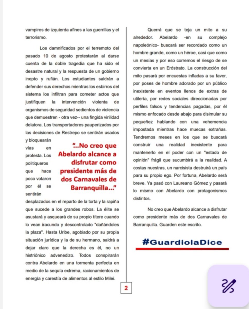 AlexGuardiolaR's tweet photo. Por fortuna, Abelardo no durará mucho como Presidente. Lo más curioso es que quienes lo sacarán del poder serán las élites asustadas por el monstruo que crearon y no los colombianos del común víctimas de su sed de sangre.

Les invito a leer mi más reciente columna #GuardiolaDice https://t.co/VVCPo0KDMn