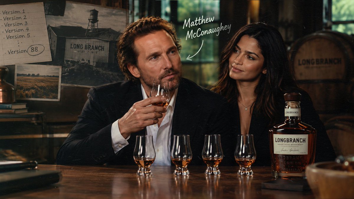 slate_memo's tweet photo. 88 bourbons in, McConaughey had a favorite.
His wife picked the same bottle blind.

He and Eddie Russell spent two years sending batches back and forth before Longbranch existed. McConaughey says he went through 88 versions, describing flavor “like talking music.”

For the final test, Camila tasted four samples without knowing which was which. “This is the one,” she said. It was the same bottle McConaughey had already chosen for himself.

Bookmark it ⚕︎ then see how another celebrity first created the product itself and only later discovered that there was a company behind it↓
https://t.co/a1gj3MJZJL