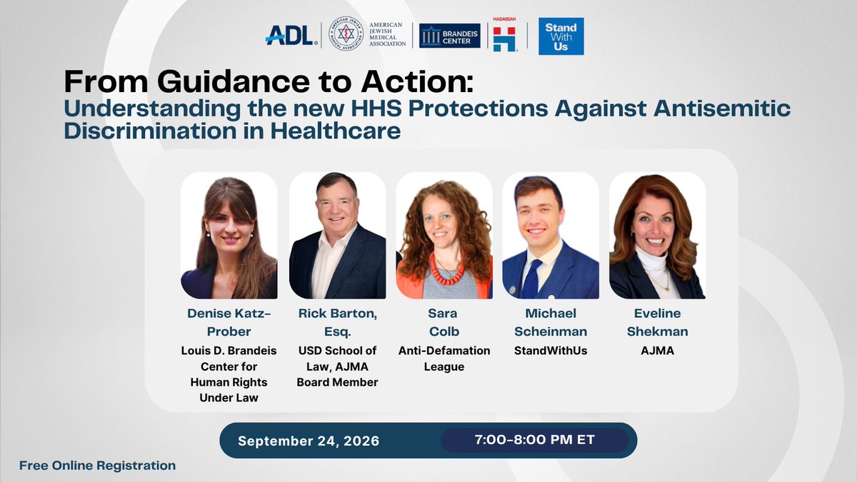 TheAJMAofficial's tweet photo. What happens when a healthcare institution fails to comply with the new HHS guidance against antisemitic discrimination? 🤔

Tonight, join us, @ADL, @brandeiscenter, @Hadassah, and @StandWithUs to break down:
- What the new HHS guidance protects
- What it means for professionals & patients
- What it requires of institutions
- How HHS OCR investigates and enforces
- What's next legally

Register here: https://t.co/jTvbAxB4Ms