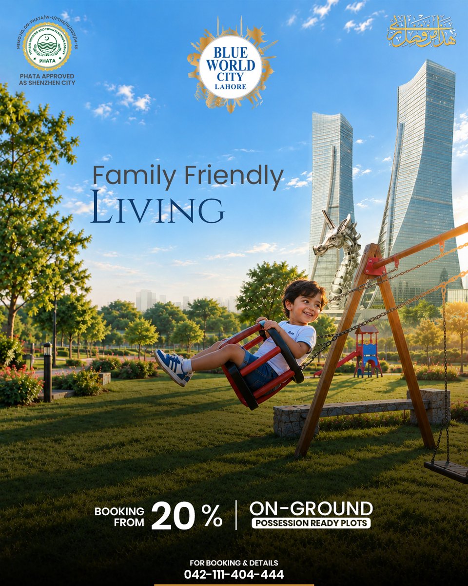bwclahore's tweet photo. A Place Where Families Grow, Connect &amp; Thrive. 🌿

Create a lifestyle filled with green spaces, joyful moments, and everything your family needs—at Blue World City Lahore.

🏡 On-Ground | Possession-Ready Plots
💰 Booking Starts from 20%

📞 042-111-404-444 https://t.co/YDFerQrnS6