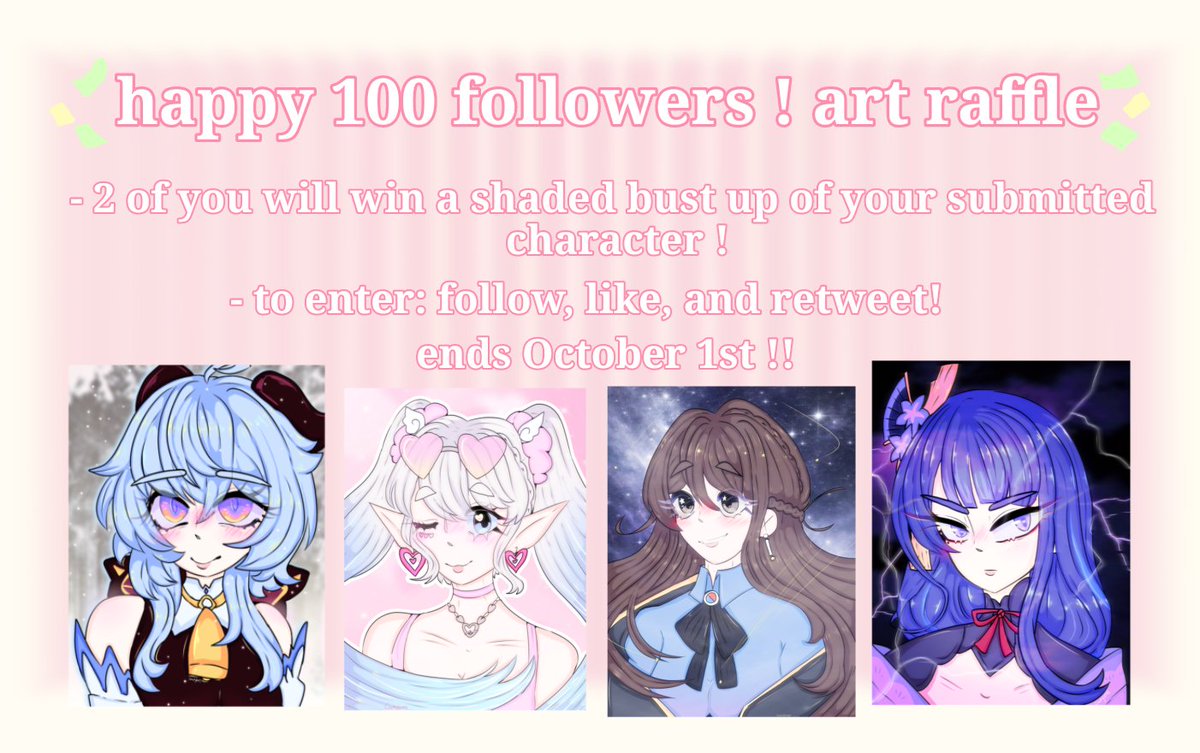 Gweystars's tweet photo. ♡ 100 followers artraffle!

Tysm for 100+ followers! I decided to host an art raffle as a thank u ♡

Price: a shaded bust up
Winners: 2

How to join:
- follow + like + RT
- drop your oc down below
- this ends on October 1st 

#artraffle #raffle #art #artmoots #oc  #digitalart https://t.co/WIj0r2JL0v