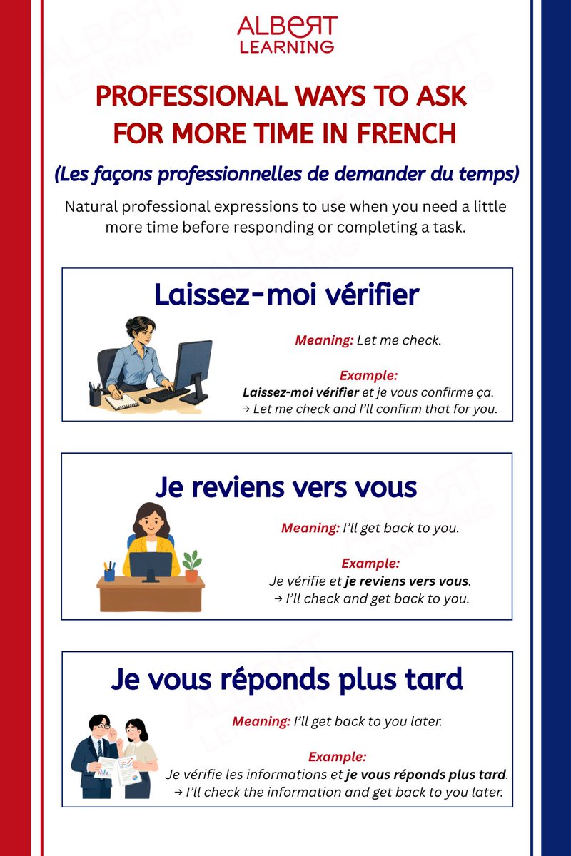 Albert_Learning's tweet photo. Take your professional French to the next level! 🇫🇷

Learn three useful expressions to help you check information, get back to someone, and respond when you need a little extra time. 

Communicate clearly. Speak confidently. Learn with Albert Learning! 📚 https://t.co/7OtOLdHcl1