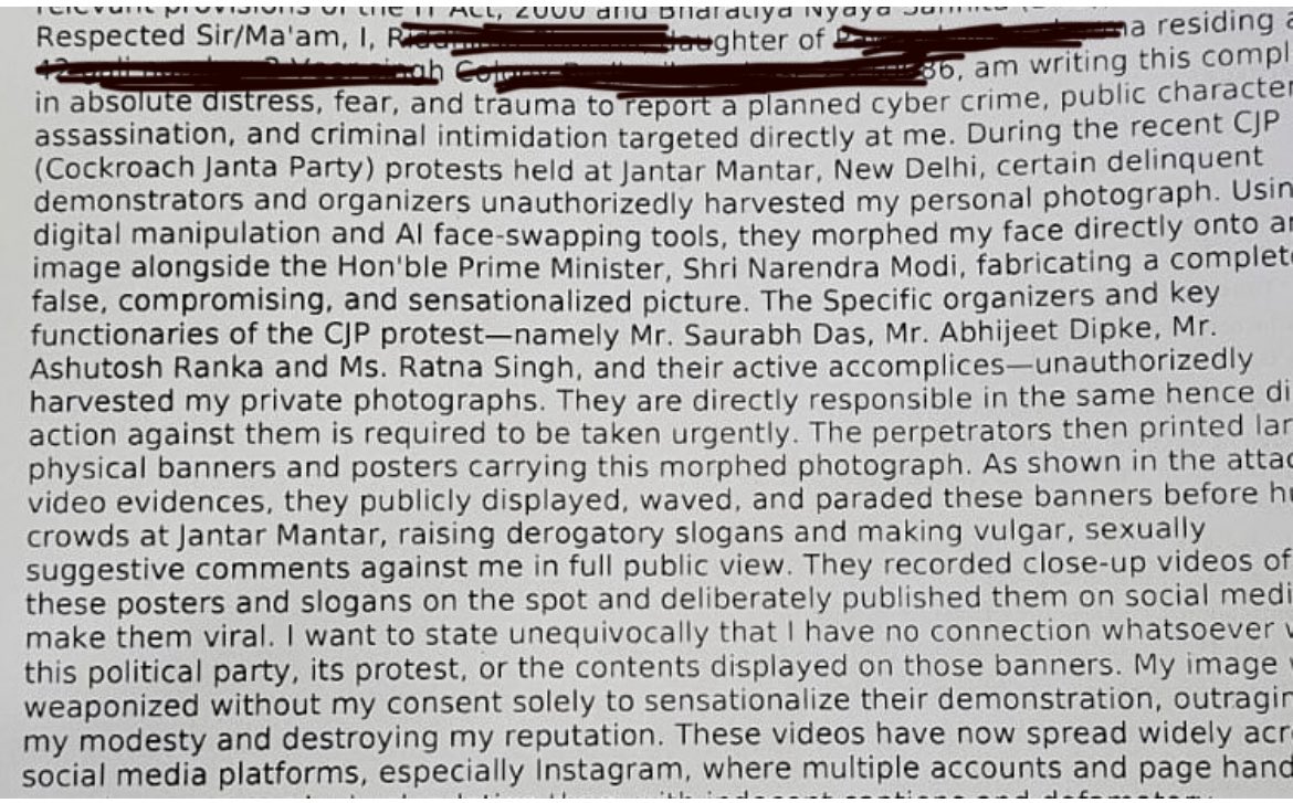 swati_gs's tweet photo. JUST IN: FIR filed in Delhi names Saurav Das, Abhijit Dipke 

CJP protest organisers Saurav Das, Abhijit Dipke, Ashutosh Ranka and Ratna Singh have been named in an FIR filed in Delhi today 

In a disturbing case where a woman's picture was morphed in a highly derogatory manner, placed indecently alongside prime minister Narendra Modi's picture, and circulated during the protest

Complainant filed the FIR with support of @BhaiPreetSingh and @VikasNagwan. Complainant says police were m not filing a case initially 

Will be sharing more updates

WE WANT ACTION NOW

@SanjeevSanskrit @HMOIndia @narendramodi @KanoongoPriyank @sewanyaya