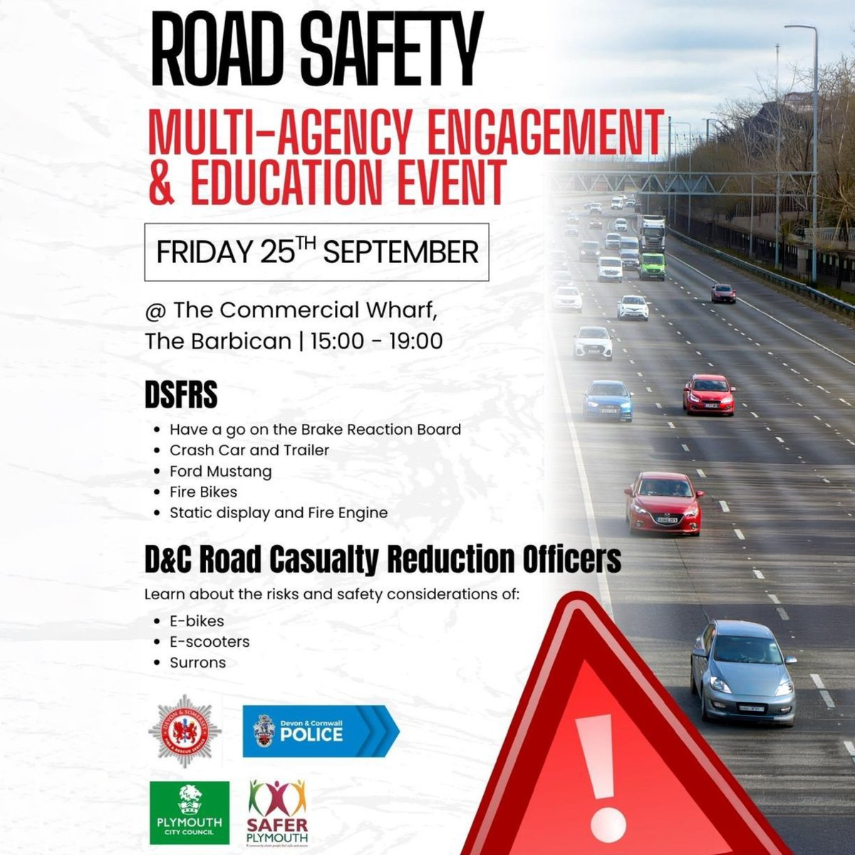 VisionZeroSW's tweet photo. This Friday night, 3-7pm, come join us on the Barbican in Plymouth for our road safety event!

- Test your reactions on a brake reaction board
- Check out the Ford Mustang Mach-e
- Learn about the risks &amp; safety considerations of E-bikes, E-scooters &amp; Surrons

...and much more! https://t.co/c6eeCifsyg