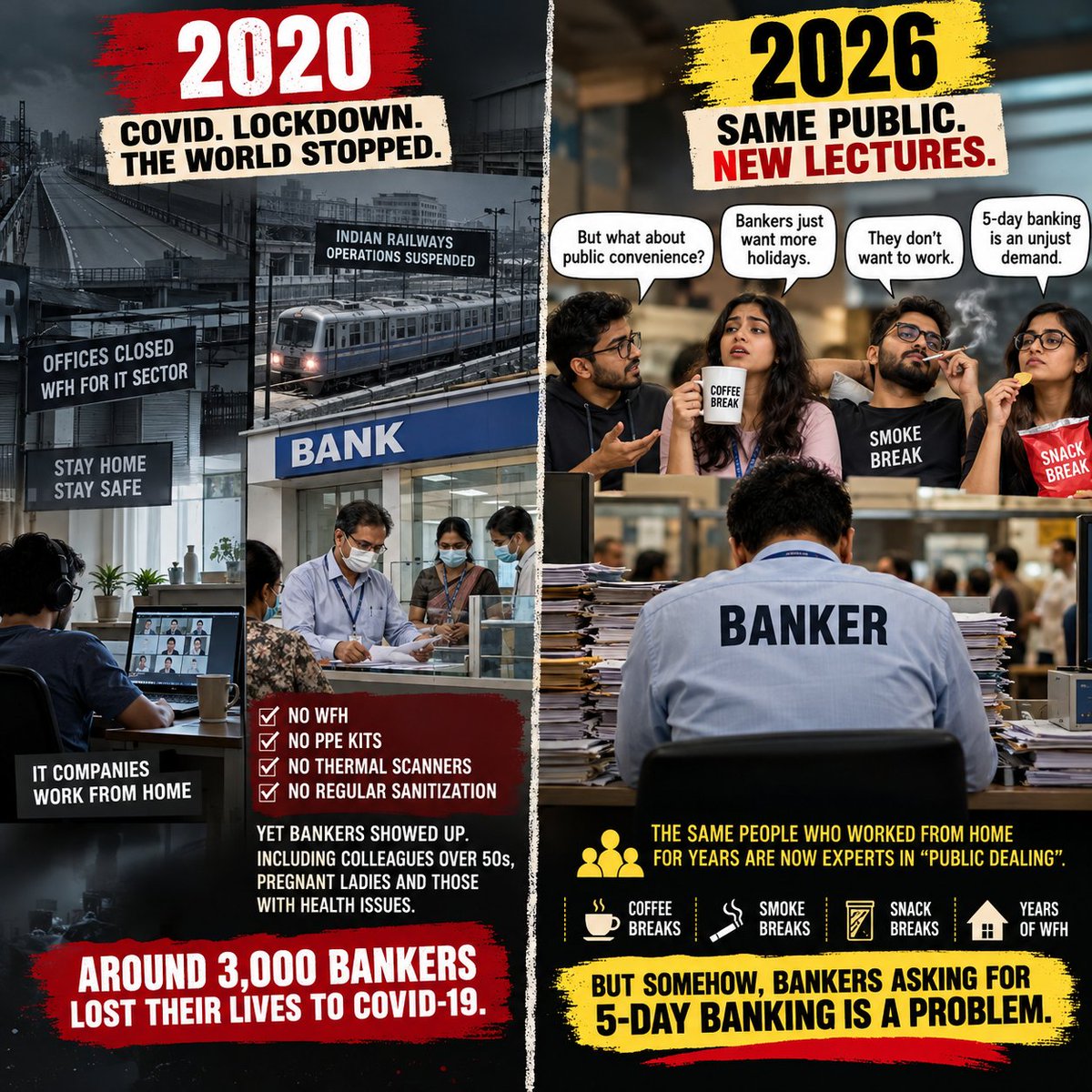 jitesh_pandey's tweet photo. 2020 vs 2026. Same country. Same bankers. Very different public memory.

2020. COVID. Lockdown. Everything shut down.

Trains stopped. Offices shut. Streets emptied.

IT companies switched to Work From Home.

But public-sector bank branches?

OPEN.

No fancy home office.
No WFH.
No guaranteed PPE kits.
No thermal scanners at every branch.
No comfortable “Zoom from home” setup.

Bankers walked into branches every day - including colleagues who were 50+, pregnant, or dealing with health vulnerabilities - because someone had to keep banking services running.

While much of the country was being told:

“Stay Home. Stay Safe.”

Bankers were being told, in effect:

“Come to the branch. Keep the economy moving.”

And thousands of bankers paid the ultimate price during the pandemic. Industry bodies and reports have cited around 3,000 banker deaths due to COVID-19.

Fast-forward to 2026.

The same society that once depended on banks remaining open is now giving bankers lectures on:

“PUBLIC DEALING.”

Apparently, asking for 5-day banking is now an unjust demand.

Interesting.

Some of the people making these lectures worked from home for years.

Some have coffee breaks.
Some have smoke breaks.
Some have snack breaks.
Some complain about crowded public transport.
Some don't have to face an angry customer across a counter at 3 PM on a Monday.

And yet, somehow, the banker standing behind that counter for hours is being told:

“But what about public convenience?”

Oh, absolutely.

Public convenience matters.

It mattered in 2020 too.

That is precisely why bankers showed up when almost everyone else was being asked to stay home.

I am NOT generalising the IT sector. There are millions of hardworking IT professionals, and their contribution is undeniable.

But here's the irony:

Why is it acceptable to stereotype an entire profession when it comes to bankers?

“Bankers don't want to work.”

“Bankers don't care about customers.”

“Bankers just want more holidays.”

“Bankers should think about the public.”

Maybe before lecturing bankers about commitment to the public, remember who kept walking into those branches when the public was being told not to walk out of their homes.

Five-day banking isn't a war against the public.

It's a demand for a more rational working model in a sector that has already demonstrated, repeatedly, that it can keep serving customers through technology and extended digital channels.

So yes, let's talk about public convenience.

But let's also talk about employee dignity, working conditions and collective memory.

Because apparently, in India, a banker's service is remembered for exactly as long as it takes for the crisis to end.

2020: “Thank you, bankers.”
2026: “Why do you need five days?”

What a remarkable memory we have!!

#FiveDayBanking #Bankers #BankingSector #PublicSectorBanks #BankEmployees #WorkLifeBalance