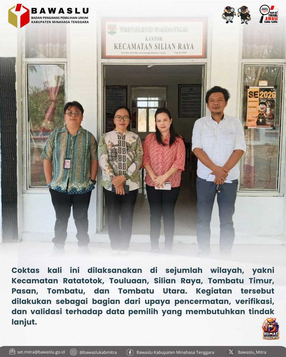 Bawaslu_mitra's tweet photo. Dalam rangka mendukung Pemutakhiran Data Pemilih Berkelanjutan (PDPB), Bawaslu Kabupaten Minahasa Tenggara bersama KPU Kabupaten Minahasa Tenggara kembali melaksanakan Coklit Terbatas (Coktas) pada Kamis (24/9/2026). https://t.co/bHR2BkGBwY