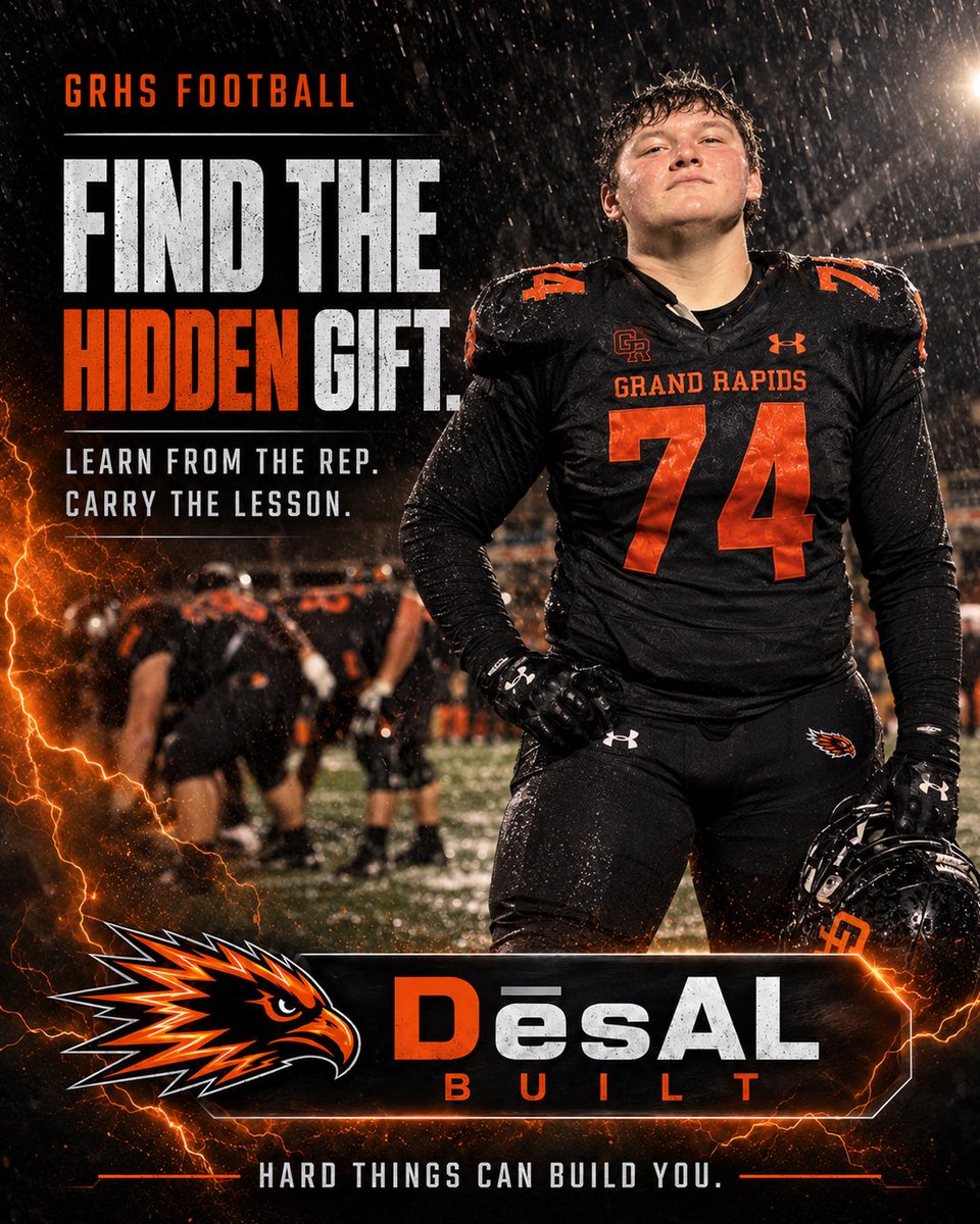 CoachSpahn's tweet photo. A hard practice, a missed assignment, or a bad rep can follow you long after the whistle. It can also teach you something useful. Before today ends, choose one difficult moment &amp; name the hidden gift inside it. Take the lesson and move forward stronger.
#DēsALBuilt #GRHSFootball https://t.co/rvv5v8llxH