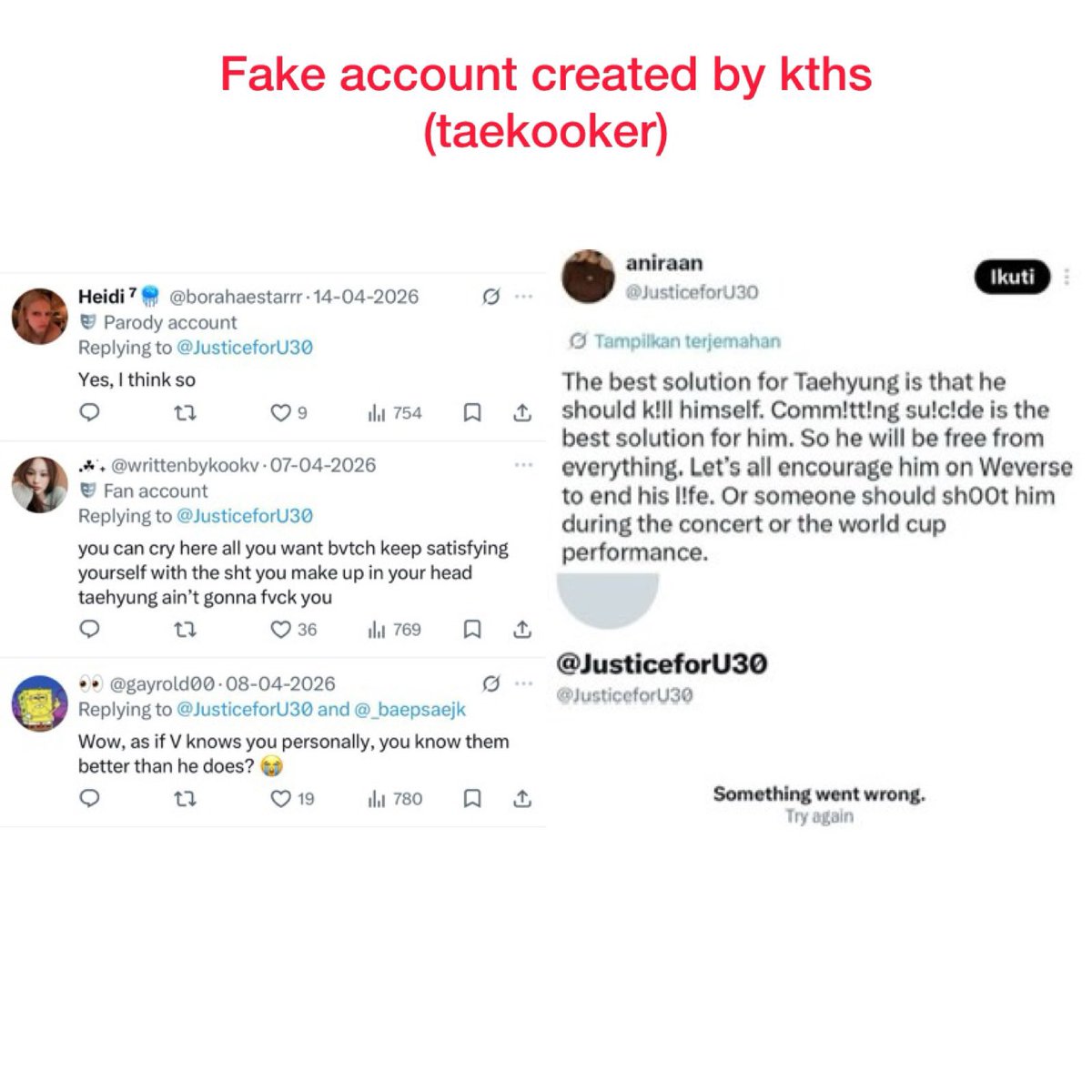 saccrto's tweet photo. This is not the first time "Taekookers" have created fake accounts to incite hatred and discord among the fans of Jimin, Jungkook, and Taehyung, and to tarnish the reputation of Brazilian ARMY for no reason
Taehyung is 30 years old btw https://t.co/sj9BO22J8K