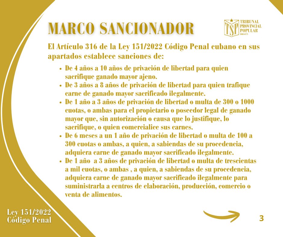 TribunalHolguin's tweet photo. ⚖️ ¿Conoces lo normado en el Código Penal🇨🇺 en relación a los delitos relacionados con el sacrificio ilegal de ganado mayor?
Detalles 👇 https://t.co/sjR5HdSXGo