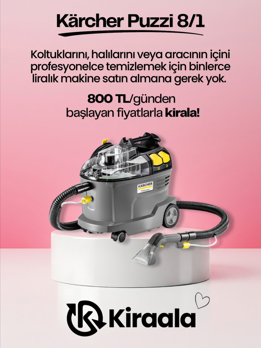 KiraalaApp's tweet photo. Koltuklarını, halılarını veya aracının içini profesyonelce temizlemek için binlerce liralık makine satın almana gerek yok. Kärcher Puzzi 8/1’i günlük 800₺’den kirala; temizliğini yap, işin bitince iade et. Sahip olduklarını kiraya ver, ihtiyacını kirala.😎

#kiraala #kiralama #karcher #koltukyıkama #halıyıkama