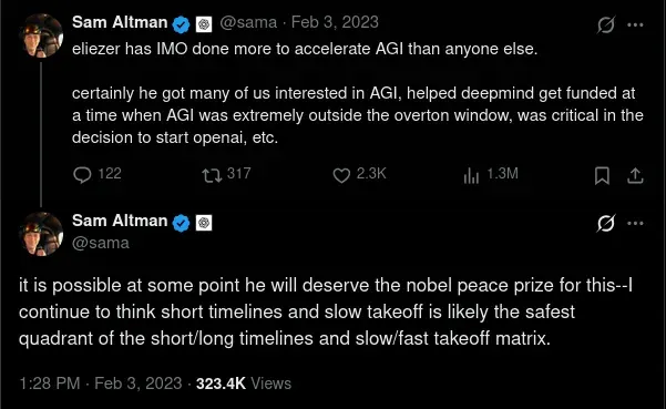 DataRepublican's tweet photo. It's obvious that the heuristic I used to mine quotes from the 1.5 million or so forum posts & comments by Effective Altruists was leaving a lot of insanity on the table. 

Thanks to prompting from @perrymetzger , I found Yudkowsky talking about baby-eating, BSDM-theorizing, and many other topics - not in a personal context, but in a context that deeply relates to his notion of AI safety. 

And it's not just Anthropic that is compromised by EAs; OpenAI's Altman has suggested Yudkowsky might deserve a Nobel prize.