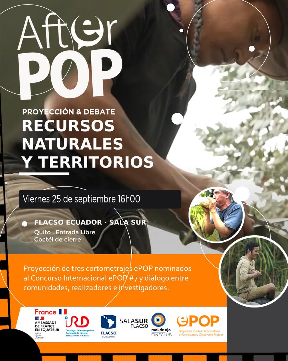 FLACSOec's tweet photo. En el marco de las actividades de cultura científica del Instituto Francés de Investigación para el Desarrollo (IRD), el Cine Club Mal de Ojo de FLACSO Ecuador invita a "Diálogos Naturales: miradas sobre el extractivismo".

Esta muestra de cortometrajes participativos aborda los efectos de los cambios globales en los territorios y las comunidades. Será un espacio de proyección y diálogo que reunirá a realizadores, protagonistas, investigadores, organizaciones sociales y público para intercambiar distintas perspectivas sobre las problemáticas abordadas. Durante este encuentro proyectaremos tres cortometrajes: El ojo negro de Mirador, La Terapia de la ira, y La sabiduría del Ilaló.

✅ Viernes, 25 de septiembre - 16h00
🎟️Función gratuita en Sala Sur Flacso