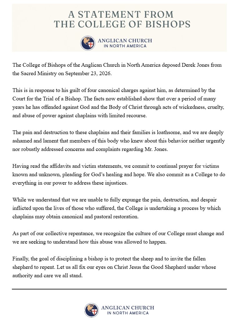 ArlieColes's tweet photo. ACNA News: The College of Bishops has deposed Derek Jones, former chaplaincy bishop, from the ministry. "... we are deeply ashamed and lament that members of this body who knew about [his] behavior neither urgently nor robustly addressed concerns and complaints regarding [him]." https://t.co/bf4kDRoymY