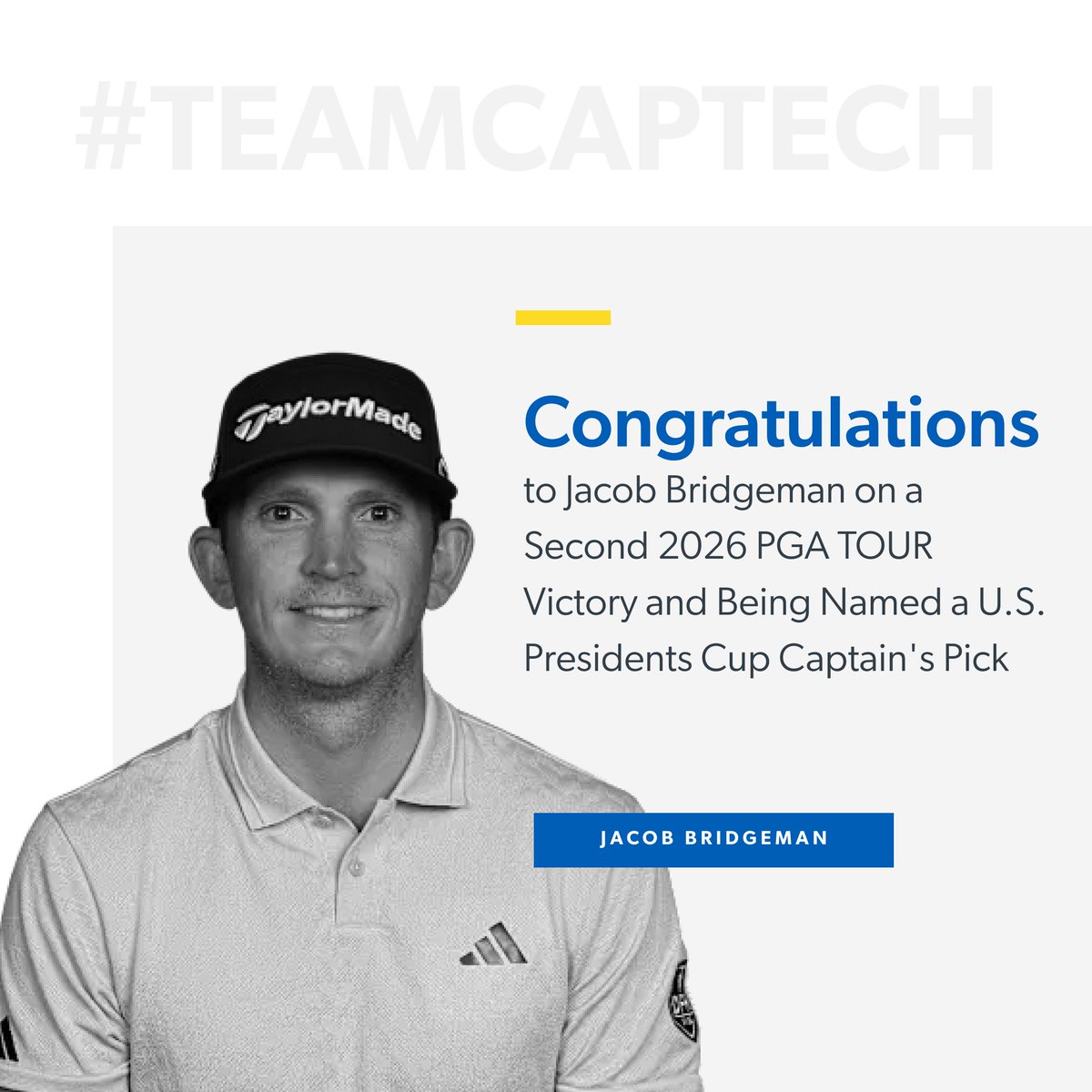 CapTech_Tweets's tweet photo. Second @PGATour victory of 2026. U.S. Presidents Cup Captain’s Pick.

Congratulations to @JacobBridgeman1 on two incredible milestones. We’re proud to support your continued success and look forward to cheering you on in the Presidents Cup.

#PresidentsCup #PGATOUR #TeamUSA https://t.co/3L4CJgvf3p