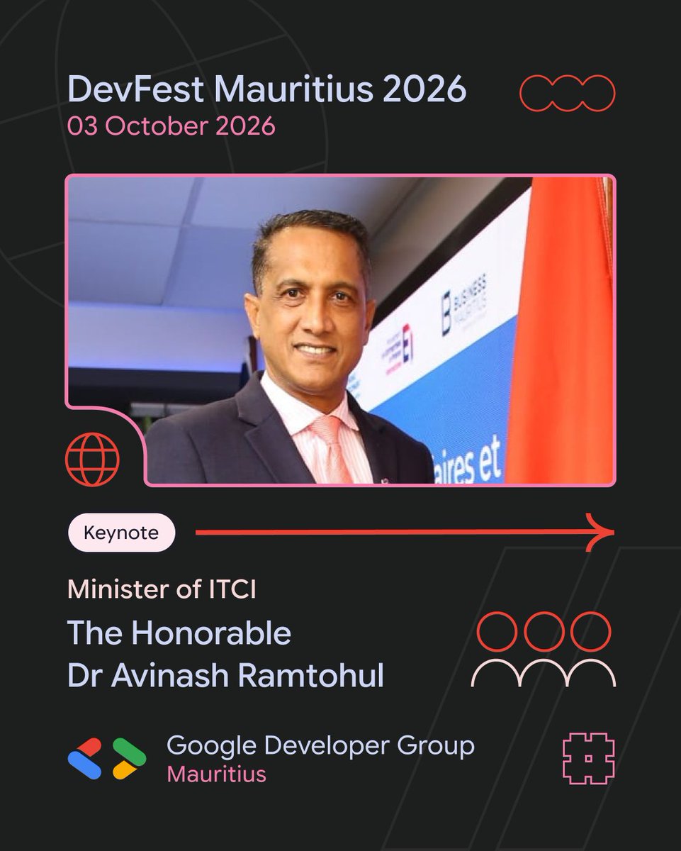 MSCraftsman's tweet photo. We are honoured to welcome The Honourable Dr Avinash Ramtohul, Minister of Information Technology, Communication and Innovation (ITCI), as a Keynote Speaker at DevFest Mauritius 2026!
๐๏ธ Reserve your ticket: https://t.co/Jpr32SfHpi
#DevFestMauritius #GDGMauritius https://t.co/XX1Vvv4k0Q