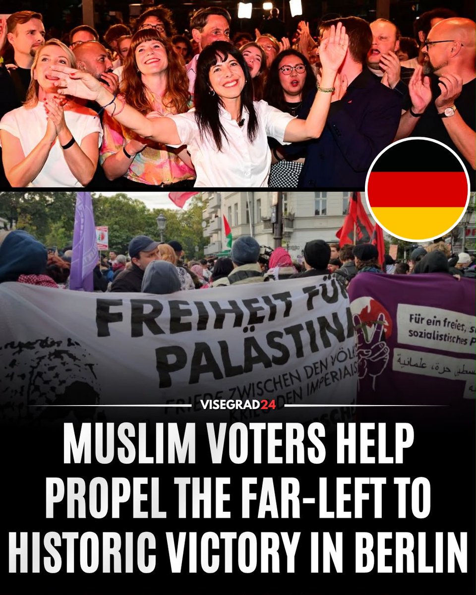 visegrad24's tweet photo. Germany’s far-left socialist party Die Linke has won Berlin’s state election for the first time, taking 25.7% of the vote and finishing well ahead of the CDU on 18.8%.

One voting bloc backed the party particularly heavily: Muslims.

A new analysis found that a staggering 51% of Muslim voters in Berlin voted for Die Linke, twice the party’s support across the electorate as a whole. Had only Muslim voters cast ballots, Die Linke would have won an absolute majority.

Die Linke received just 17% among Catholics and 16% among Protestants.

Muslims are estimated to make up roughly 13% of Berlin’s electorate, making them an increasingly significant voting bloc in the German capital.