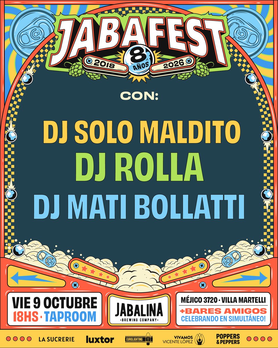 CervezaJabalina's tweet photo. 🎉🍺 VIERNES 9 DE OCTUBRE — JABAFEST | ESPECIAL 8° ANIVERSARIO 🍺🎉

Cumplimos 8 años haciendo birra en Villa Martelli y lo festejamos como corresponde: JABAFEST en la fábrica.
Una noche especial para brindar por todo lo que pasó, por los que estuvieron desde el principio y por los que se fueron sumando en el camino. 8 años, muchas birras y muchísimas fichas puestas. 🕹️💚

🍺 La pizarra viene cargadísima:
* Martelli Pilsen Argenta 
* Citrus Hazy IPA
* Canilla de SOURS rotativa 
* JABAFEST DOBLE NEIPA
* Canilla de IMPERIAL STOUTS rotativa
* Mimo Al Alma DDH American IPA 
Sorpresas y birras especiales por el aniversario.

🔥 POP UP gastronómico: The Carnigore, con dos sándwiches calientes especiales para la noche y una opción de picoteo.
🎧 DJs varios! Solo Maldito, Rolla y Matías Bollatti.

🏭 Y como siempre, abrimos las puertas de nuestra casa con tour por la fábrica a las 18:00 puntual.

8 años de Jabalina. 8 años de Villa Martelli para todo el país. ¡Nos vemos para festejar! 🍻

📅 Viernes 9 de OCTUBRE
📍 Méjico 3720, Villa Martelli
⏰ 18:00 a 00:30
🎟️ Entrada libre y gratuita