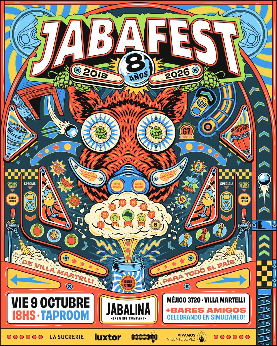 CervezaJabalina's tweet photo. 🎉🍺 VIERNES 9 DE OCTUBRE — JABAFEST | ESPECIAL 8° ANIVERSARIO 🍺🎉

Cumplimos 8 años haciendo birra en Villa Martelli y lo festejamos como corresponde: JABAFEST en la fábrica.
Una noche especial para brindar por todo lo que pasó, por los que estuvieron desde el principio y por los que se fueron sumando en el camino. 8 años, muchas birras y muchísimas fichas puestas. 🕹️💚

🍺 La pizarra viene cargadísima:
* Martelli Pilsen Argenta 
* Citrus Hazy IPA
* Canilla de SOURS rotativa 
* JABAFEST DOBLE NEIPA
* Canilla de IMPERIAL STOUTS rotativa
* Mimo Al Alma DDH American IPA 
Sorpresas y birras especiales por el aniversario.

🔥 POP UP gastronómico: The Carnigore, con dos sándwiches calientes especiales para la noche y una opción de picoteo.
🎧 DJs varios! Solo Maldito, Rolla y Matías Bollatti.

🏭 Y como siempre, abrimos las puertas de nuestra casa con tour por la fábrica a las 18:00 puntual.

8 años de Jabalina. 8 años de Villa Martelli para todo el país. ¡Nos vemos para festejar! 🍻

📅 Viernes 9 de OCTUBRE
📍 Méjico 3720, Villa Martelli
⏰ 18:00 a 00:30
🎟️ Entrada libre y gratuita