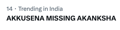 akankshaofc's tweet photo. TRENDING AT 14!

AKKUSENA MISSING AKANKSHA https://t.co/Qs7QJcs5Xo